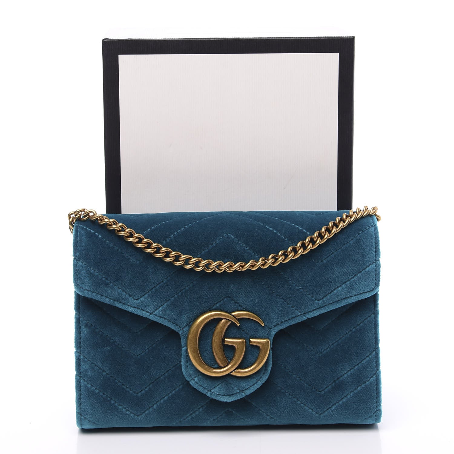 Gucci Velvet Matelasse GG Marmont Chain Wallet Pavone Cyan 9 of 9