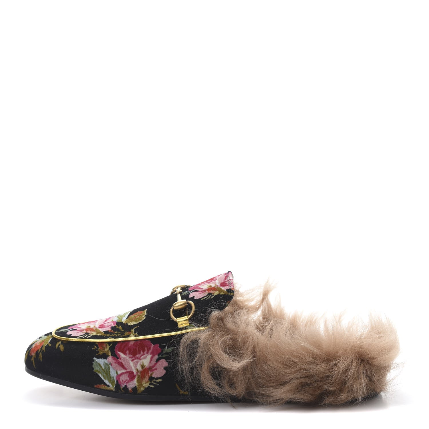 Gucci Velvet Fur Floral Womens Princetown Slippers 39 Black 1 of 9