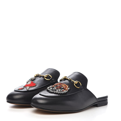 Gucci Calfskin Crystal Tiger Embroidered Womens Princetown Slippers 36 Black 3 of 9