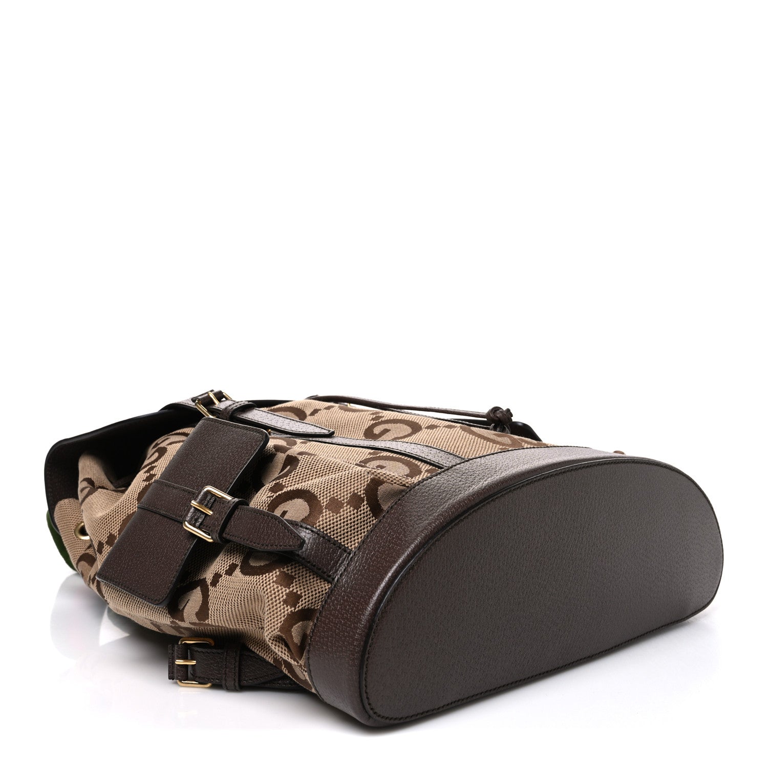 Gucci Monogram Jumbo GG Textured Dollar Calfskin Web Double Buckle Backpack Camel Ebony New Acero 4 of 10