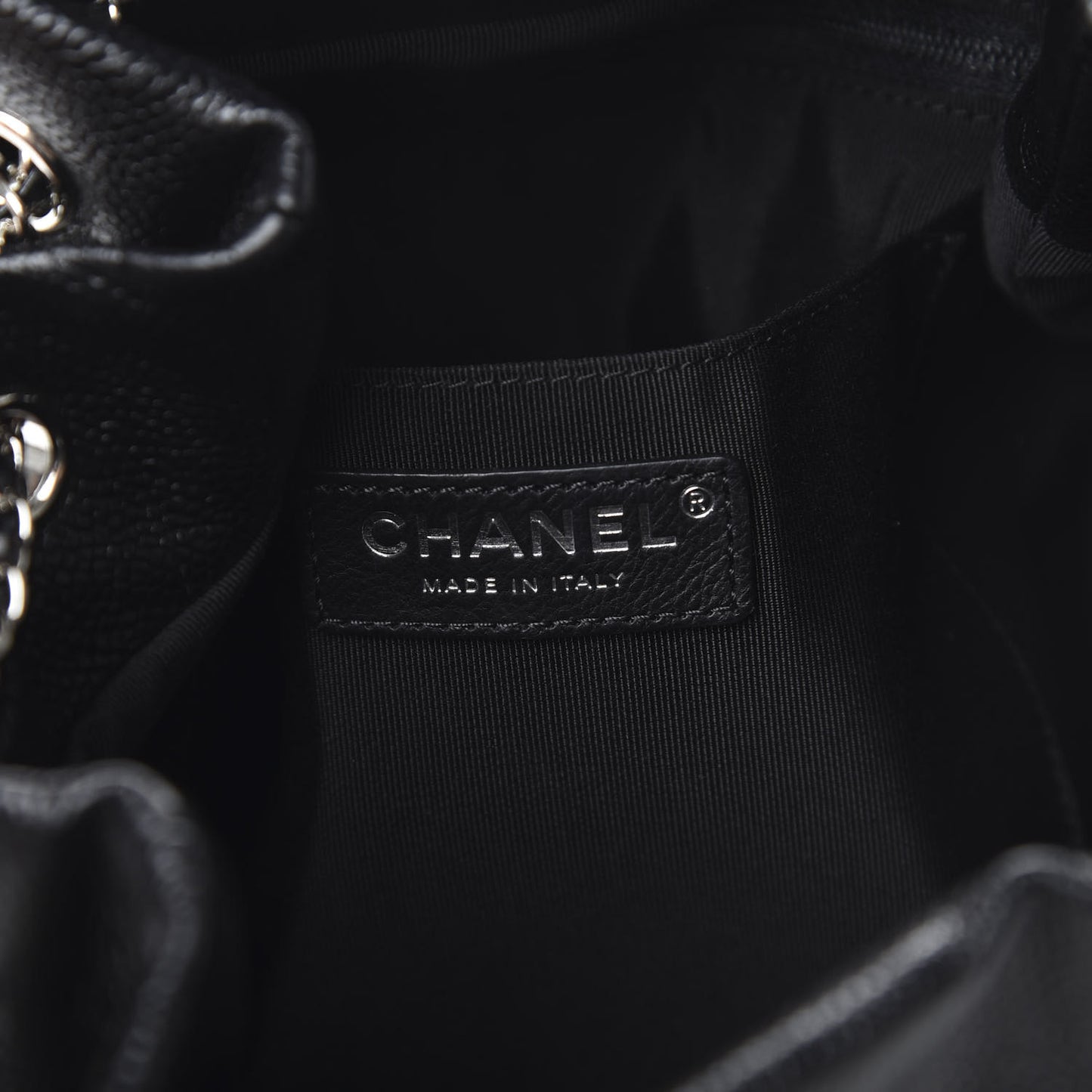 Grained Calfskin Quilted CC Chain Bucket Drawstring Bag Black