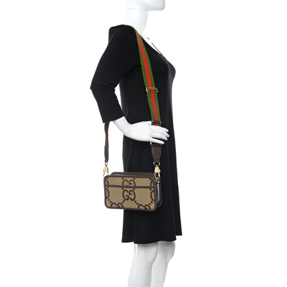 Gucci Monogram Jumbo GG Textured Dollar Calfskin Web Mini Crossbody Bag Camel Ebony New Acero 2 of 10