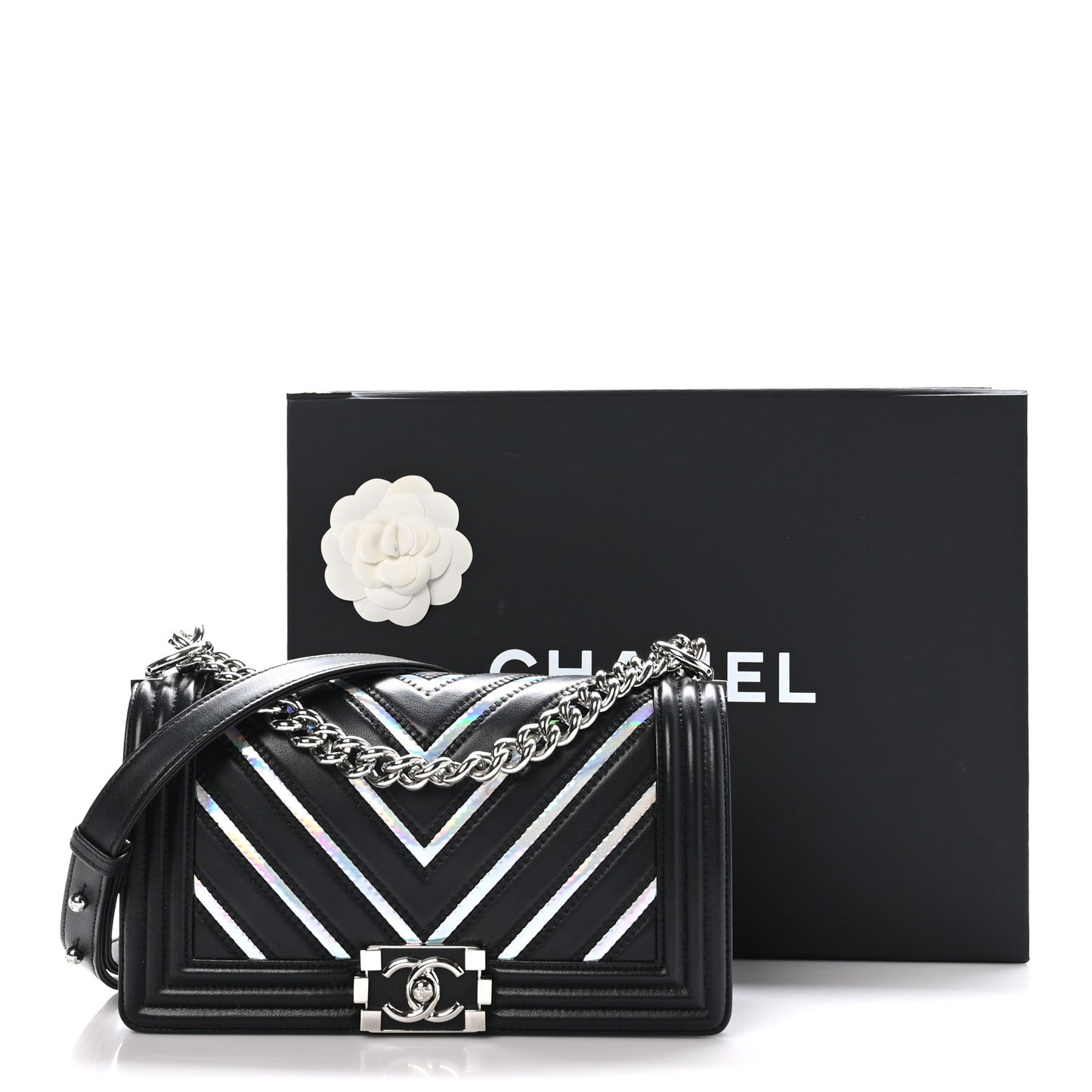 Lambskin Iridescent PVC Chevron Quilted Medium Boy Flap Black Silver