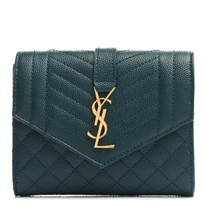 Saint Laurent Grain De Poudre Mixed Matelasse Triquilt Monogram Compact Tri Fold Wallet Sea Turquoise 1 of 7