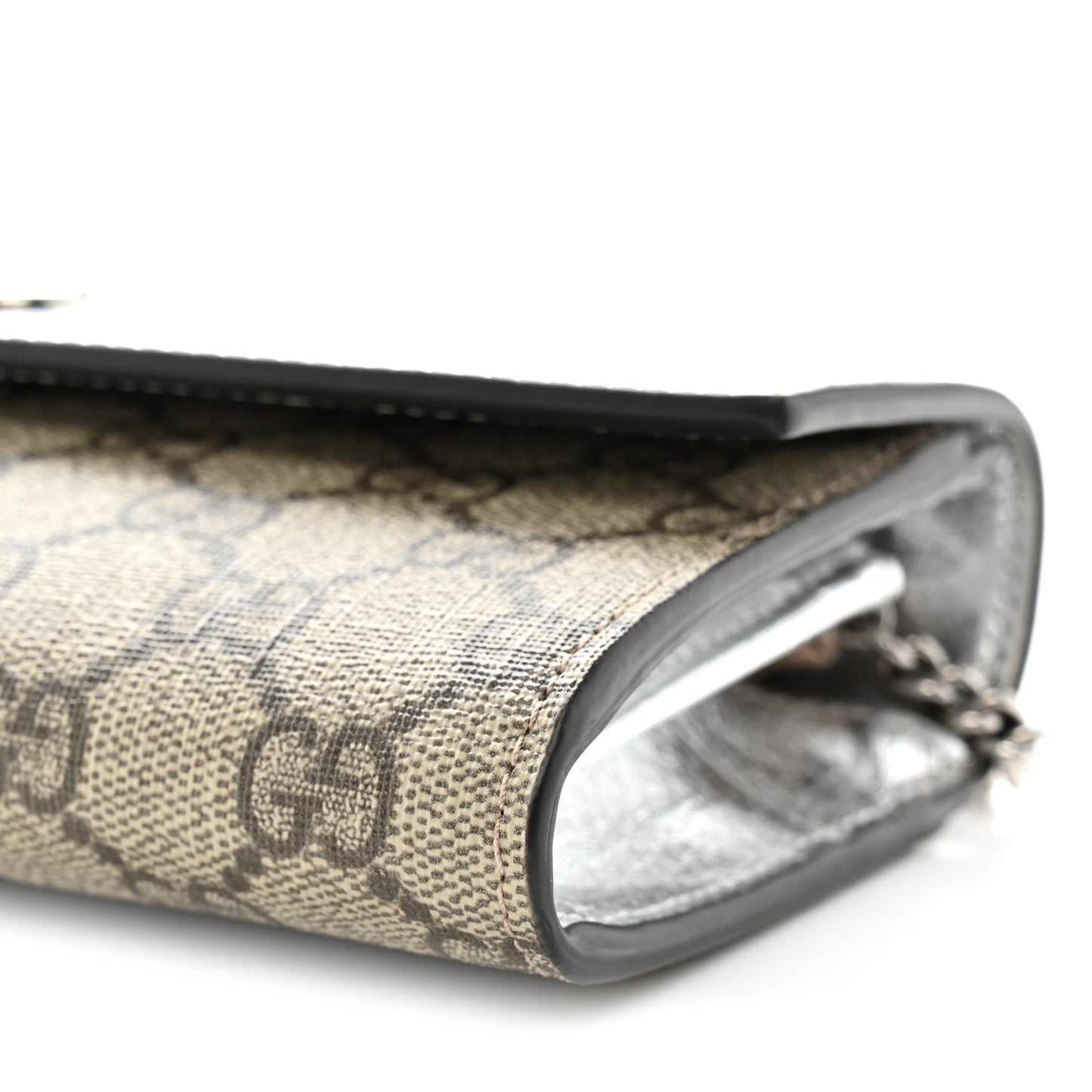 Metallic Calfskin GG Supreme Monogram Petite GG Marmont Wallet Chain Bag Silver Beige Ebony