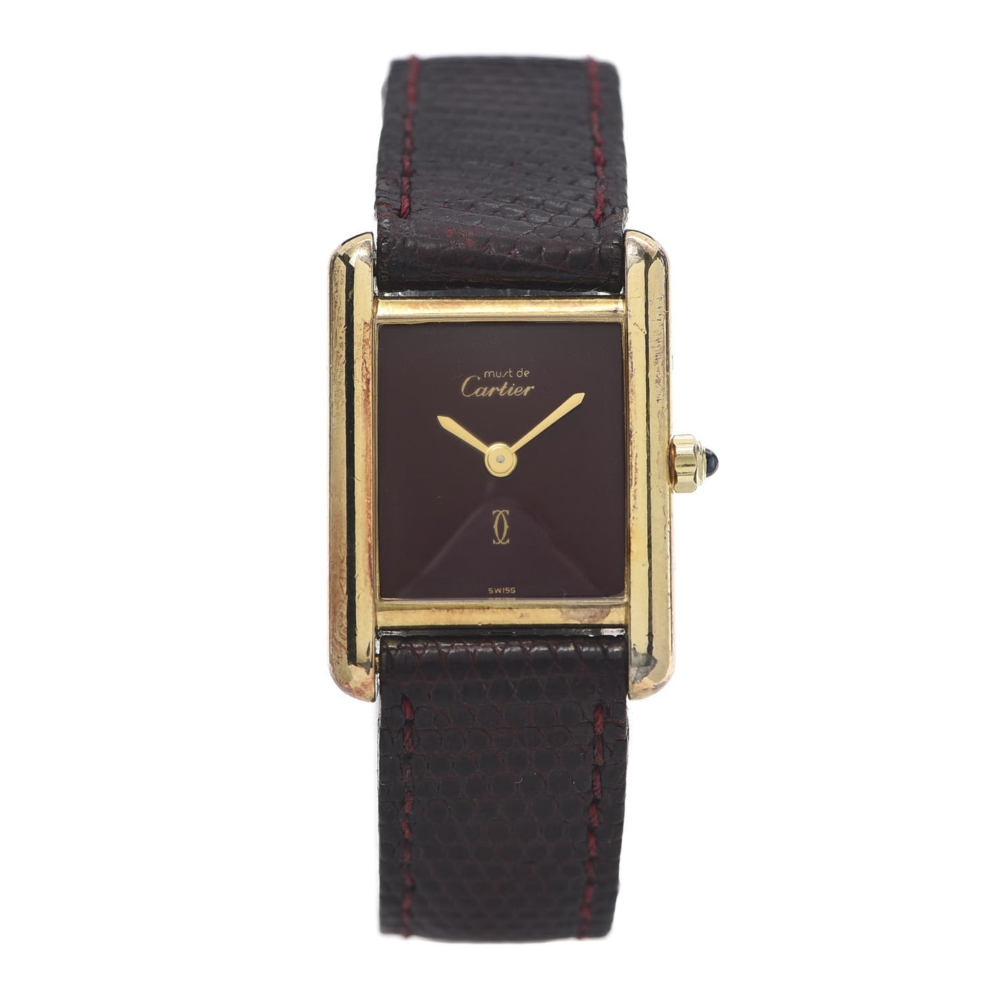 Sterling Silver Vermeil Lizard 20mm Must de Cartier Tank Quartz Watch Brown