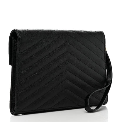 Saint Laurent Grain De Poudre Matelasse Chevron Monogram Envelope Clutch Black 3 of 8