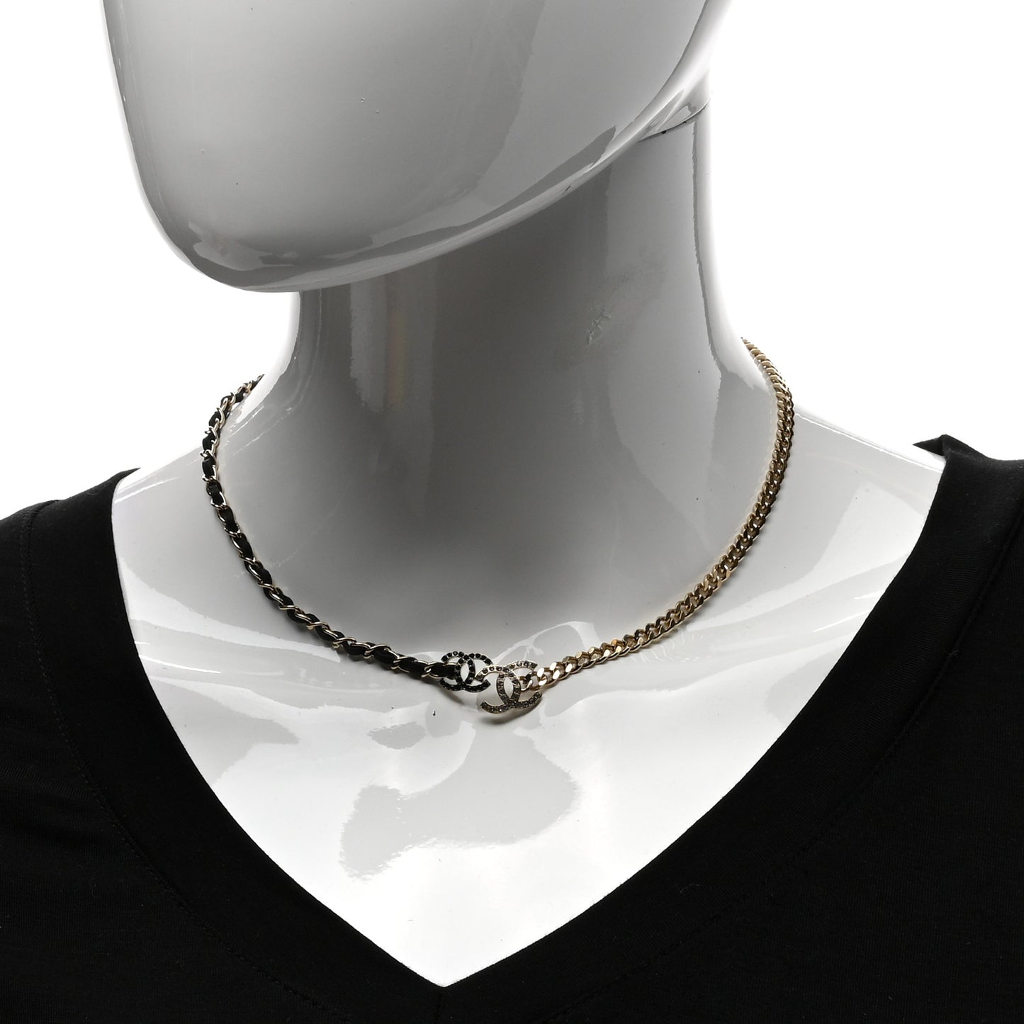 Metal Calfskin Crystal Double CC Short Necklace Black Gold