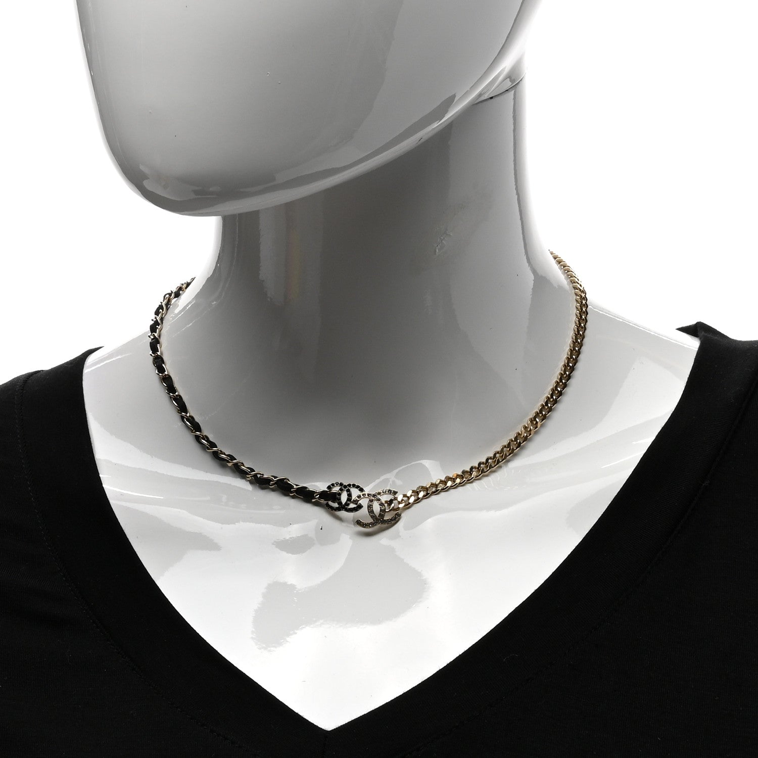 Chanel Metal Calfskin Crystal Double CC Short Necklace Black Gold 2 of 4