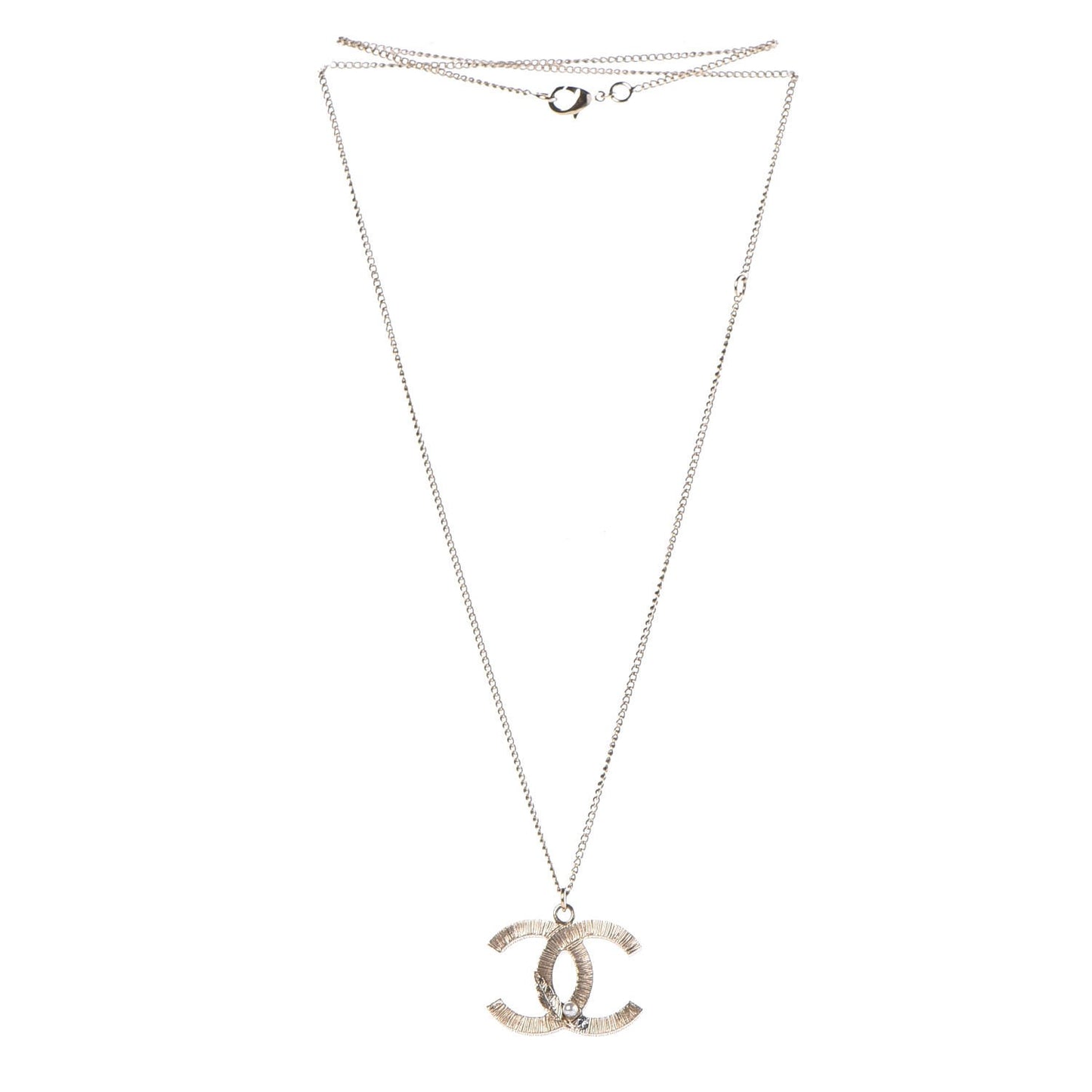 Pearl Crystal Feather CC Pendant Necklace Gold