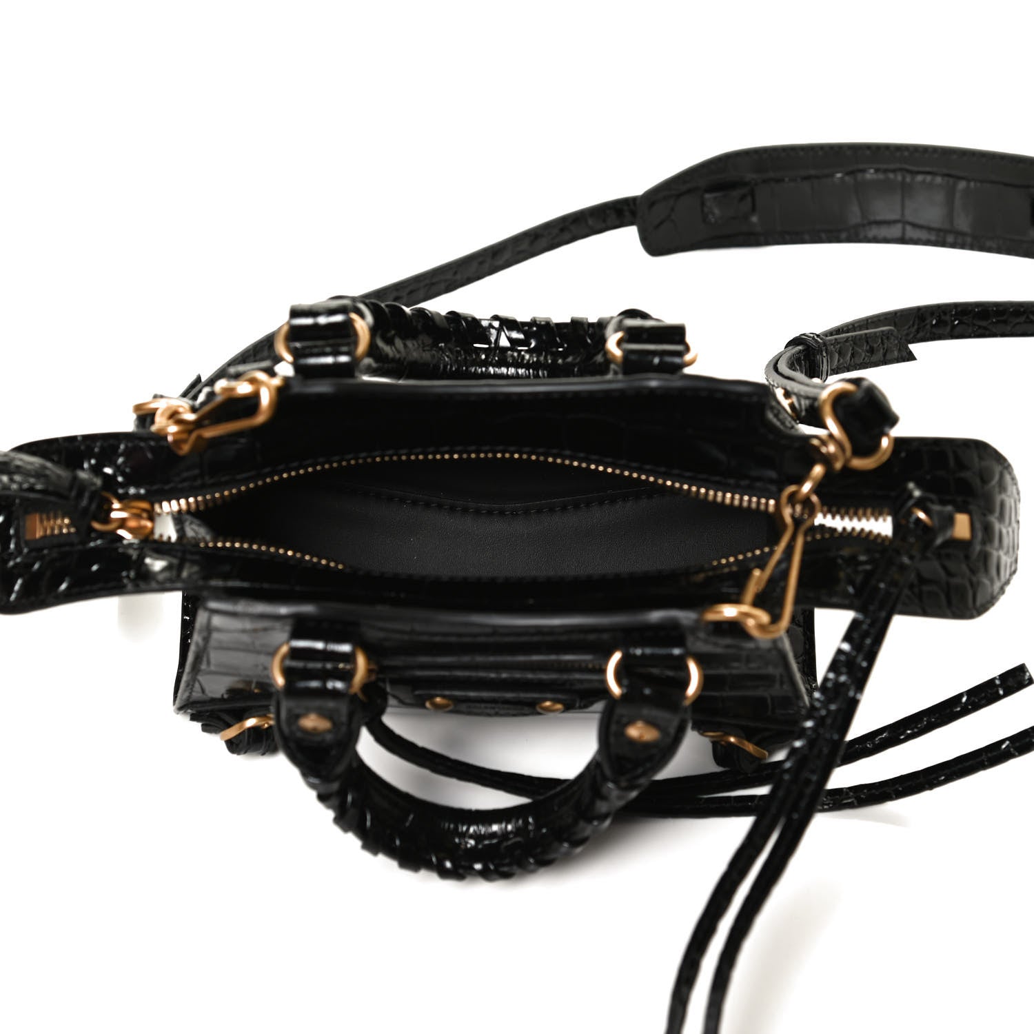 Balenciaga Shiny Supple Calfskin Crocodile Embossed Neo Classic Gold Hardware Nano City Crossbody Black 5 of 9