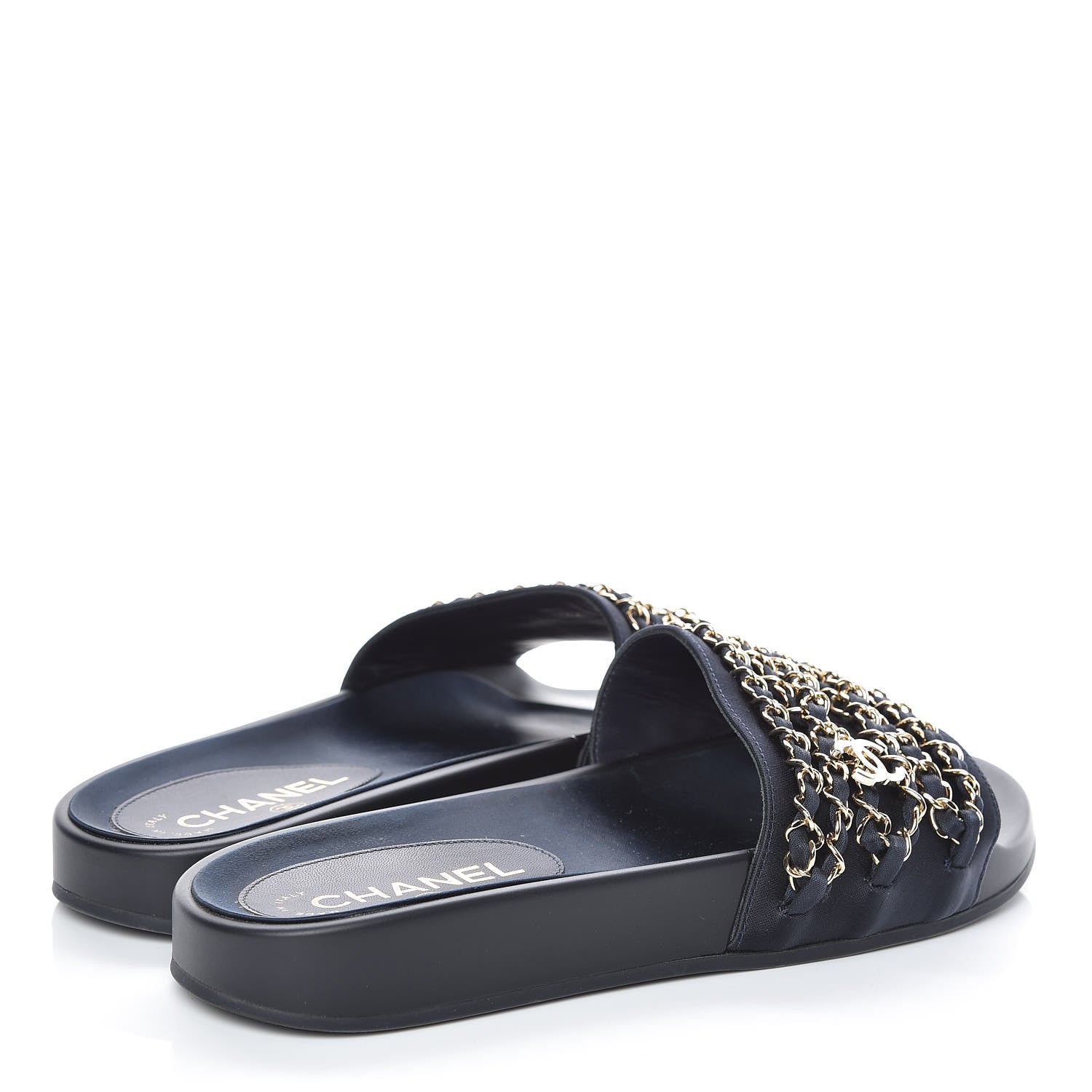 Chanel Satin Chain Slides Sandals Flats 38 Marine 4 of 11