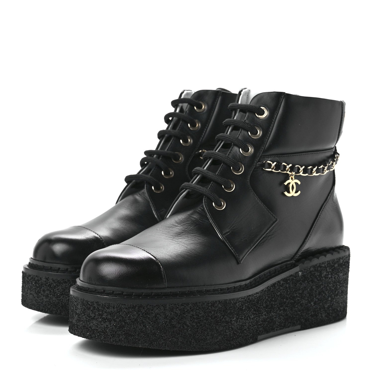 Chanel Calfskin Shiny Calfskin Chain Lace Up CC Short Boots 36.5 Black 3 of 9
