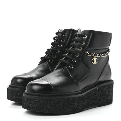 Chanel Calfskin Shiny Calfskin Chain Lace Up CC Short Boots 36.5 Black 3 of 9