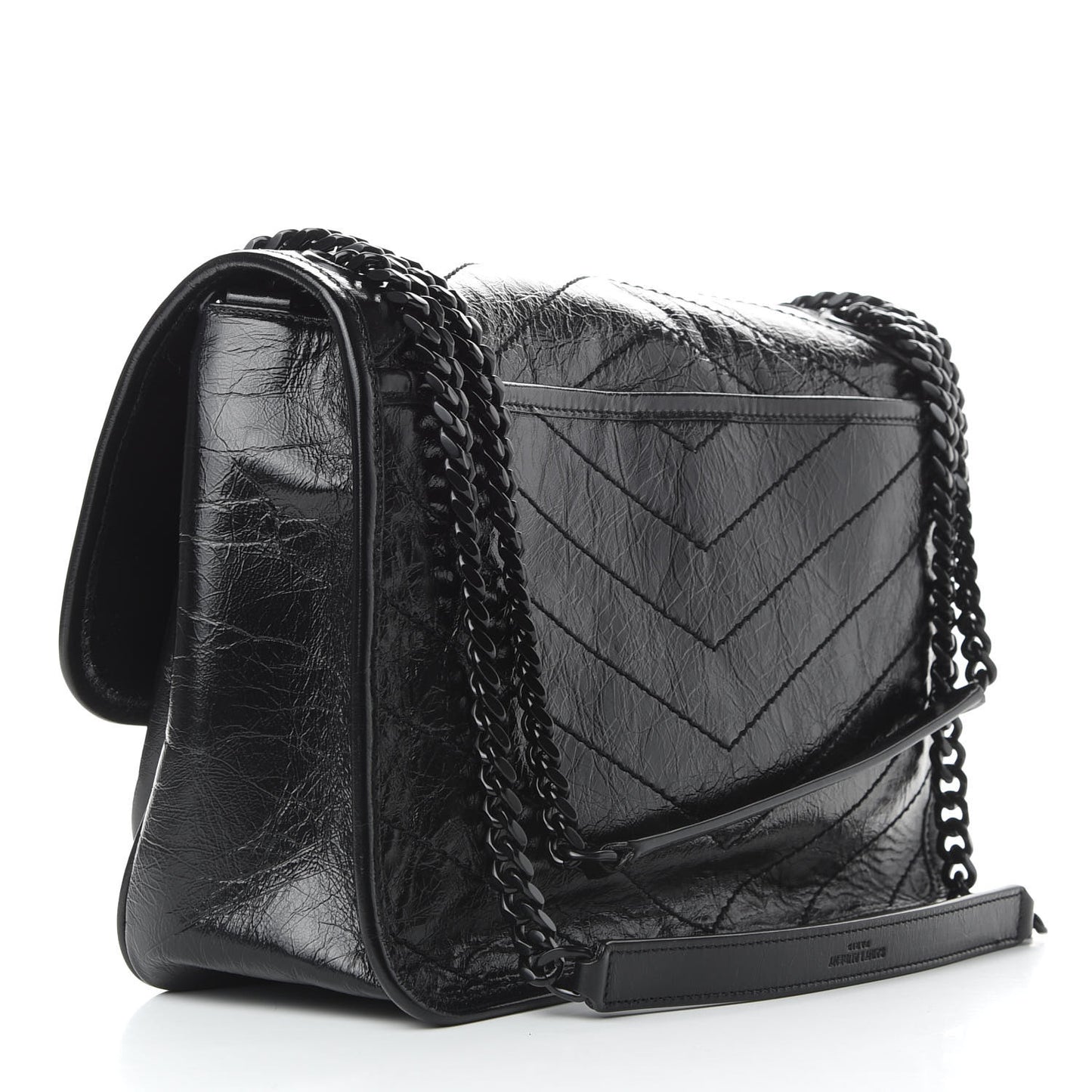 Crinkled Calfskin Matelasse Monogram Medium Niki Chain Satchel Black