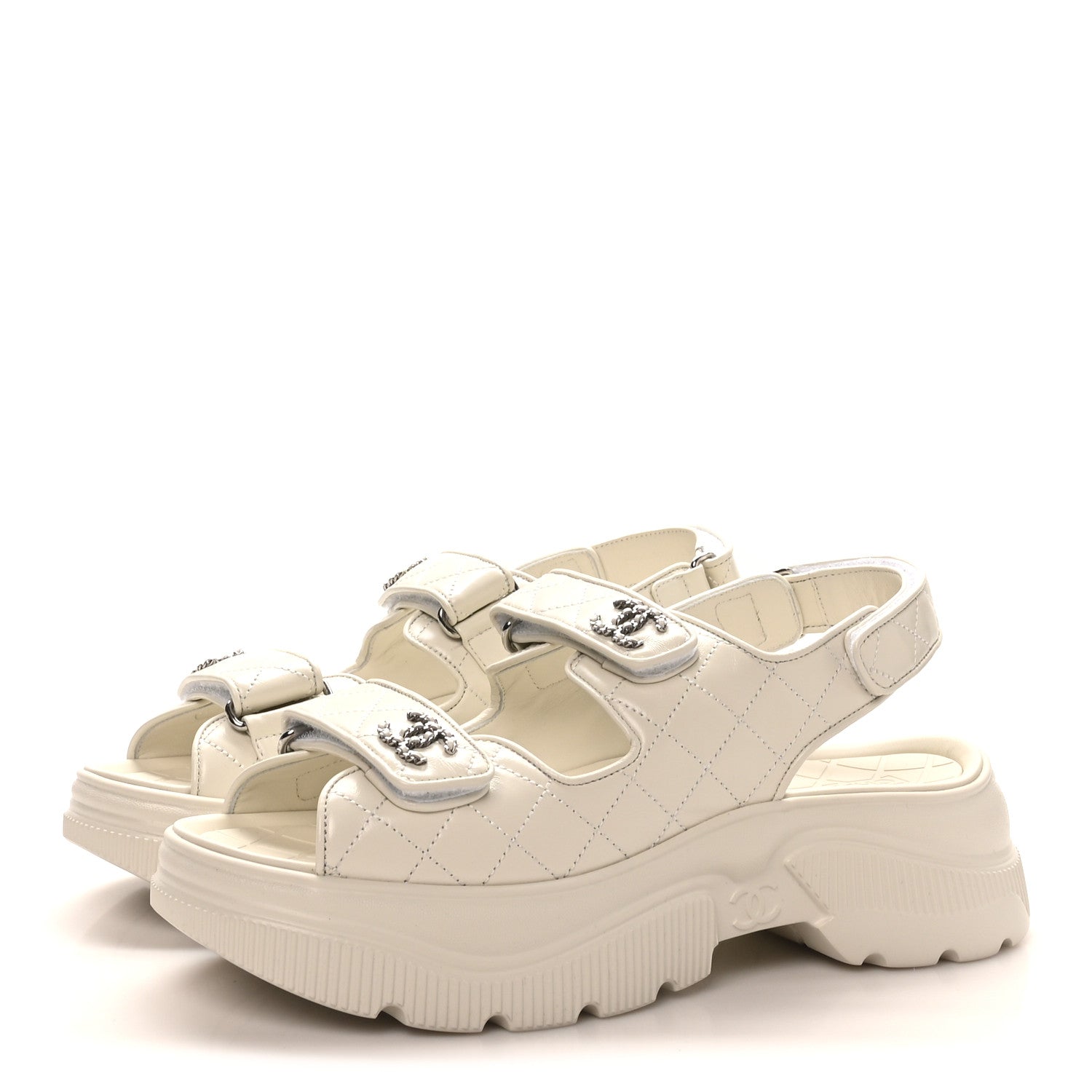 Chanel Shiny Calfskin Chain CC Velcro Dad Platform Sandals 39.5 White 4 of 9