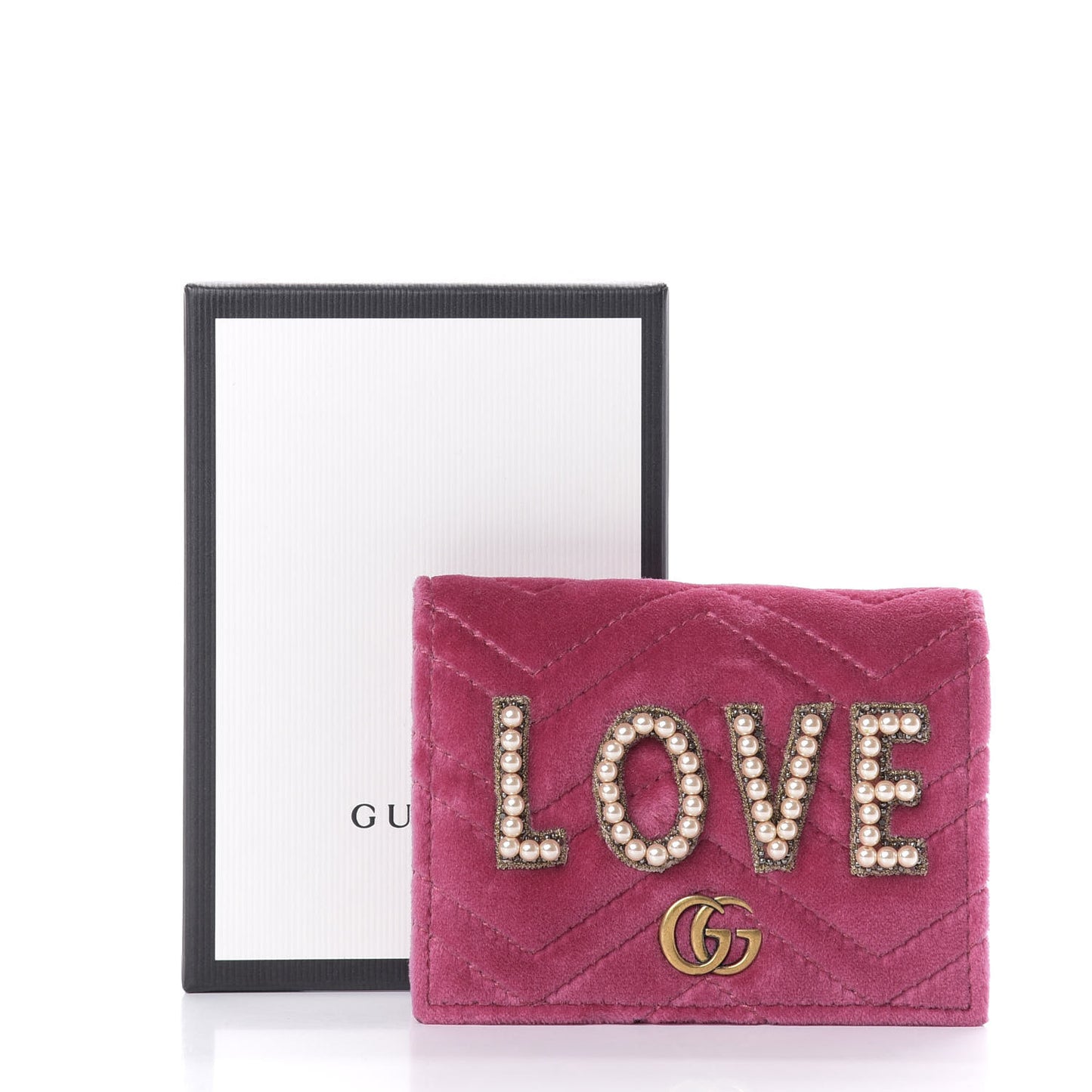 Velvet Matelasse Pearl Love Embroidered GG Marmont Card Case Wallet Light Raspberry Rose
