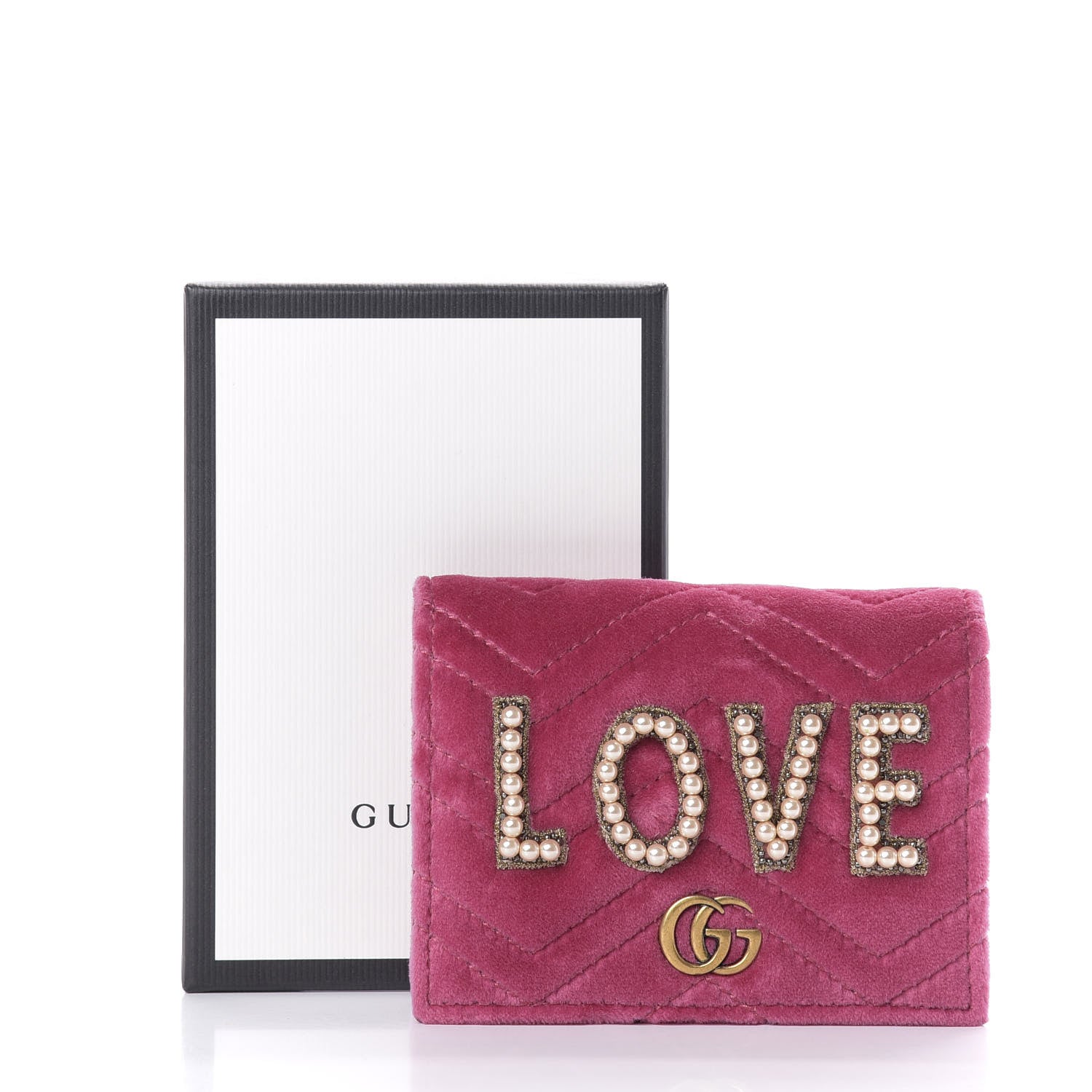 Gucci Velvet Matelasse Pearl Love Embroidered GG Marmont Card Case Wallet Light Raspberry Rose 9 of 9