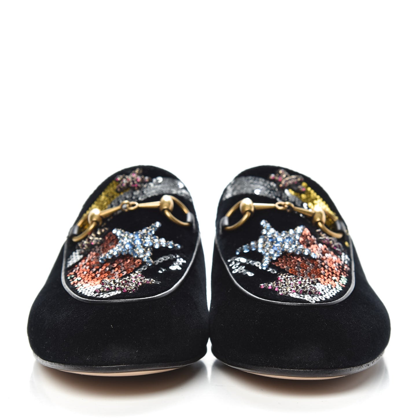 Velvet Star Embroidered Womens Princetown Slippers 36 Black