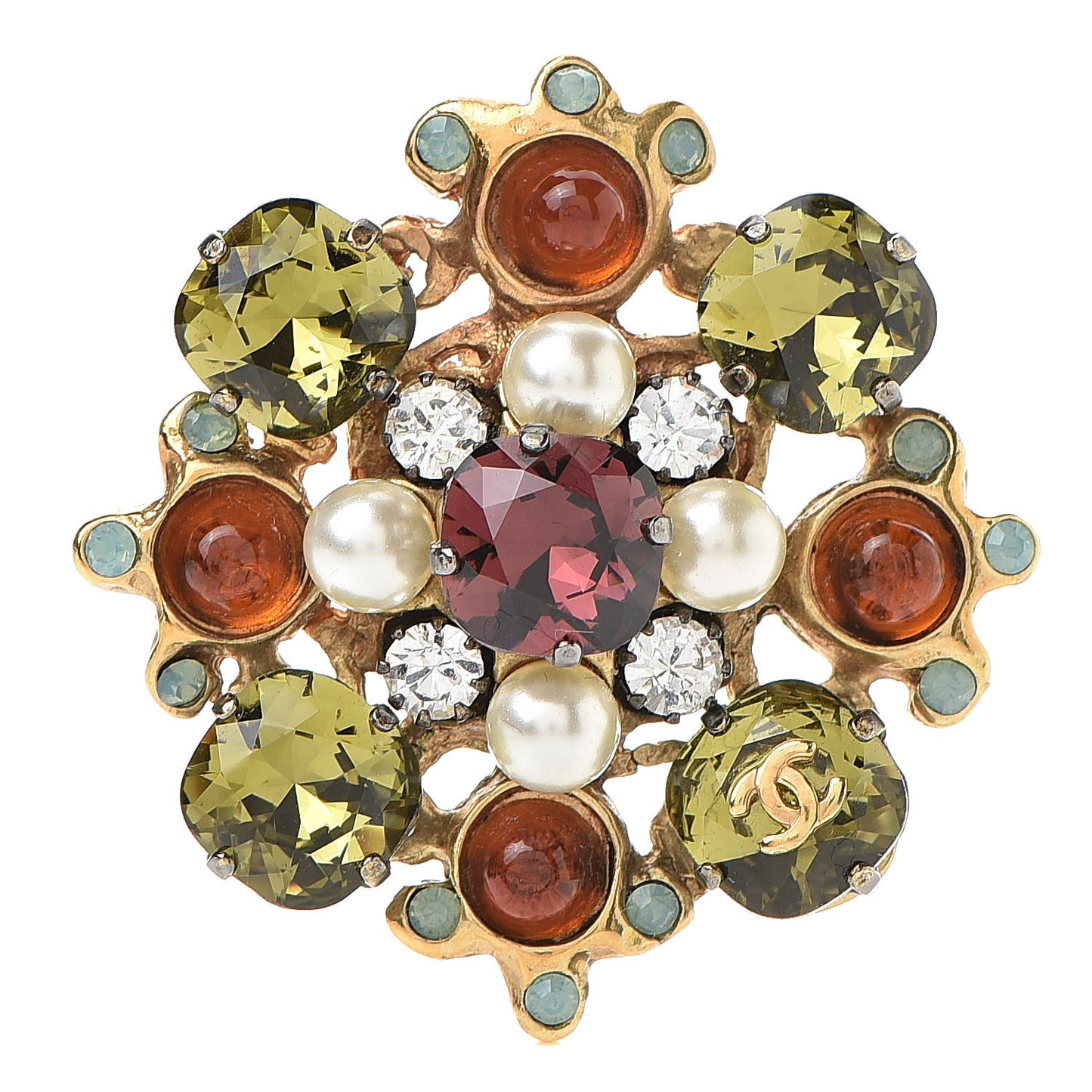Crystal Pearl CC Brooch Gold Multicolor