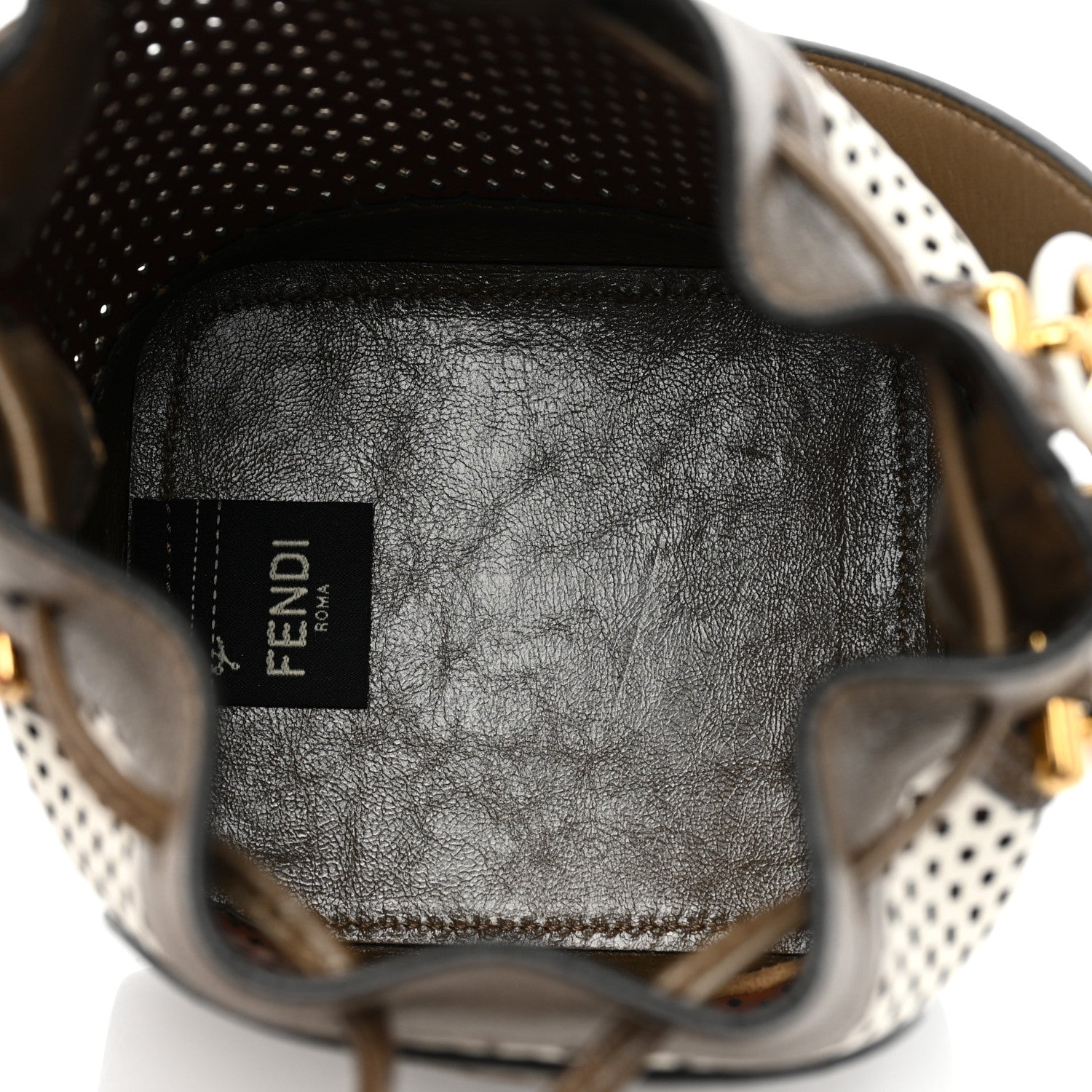 Fendi Vitello Liberty Glossy Lambskin F is Fendi Perforated Mini Mon Tresor Bucket Bag White Ice Rust Maya 5 of 8