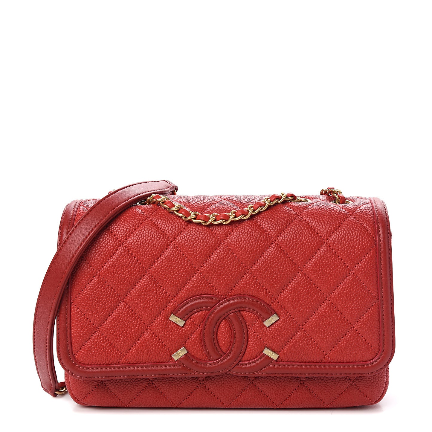 Caviar Quilted Small CC Filigree Flap Red