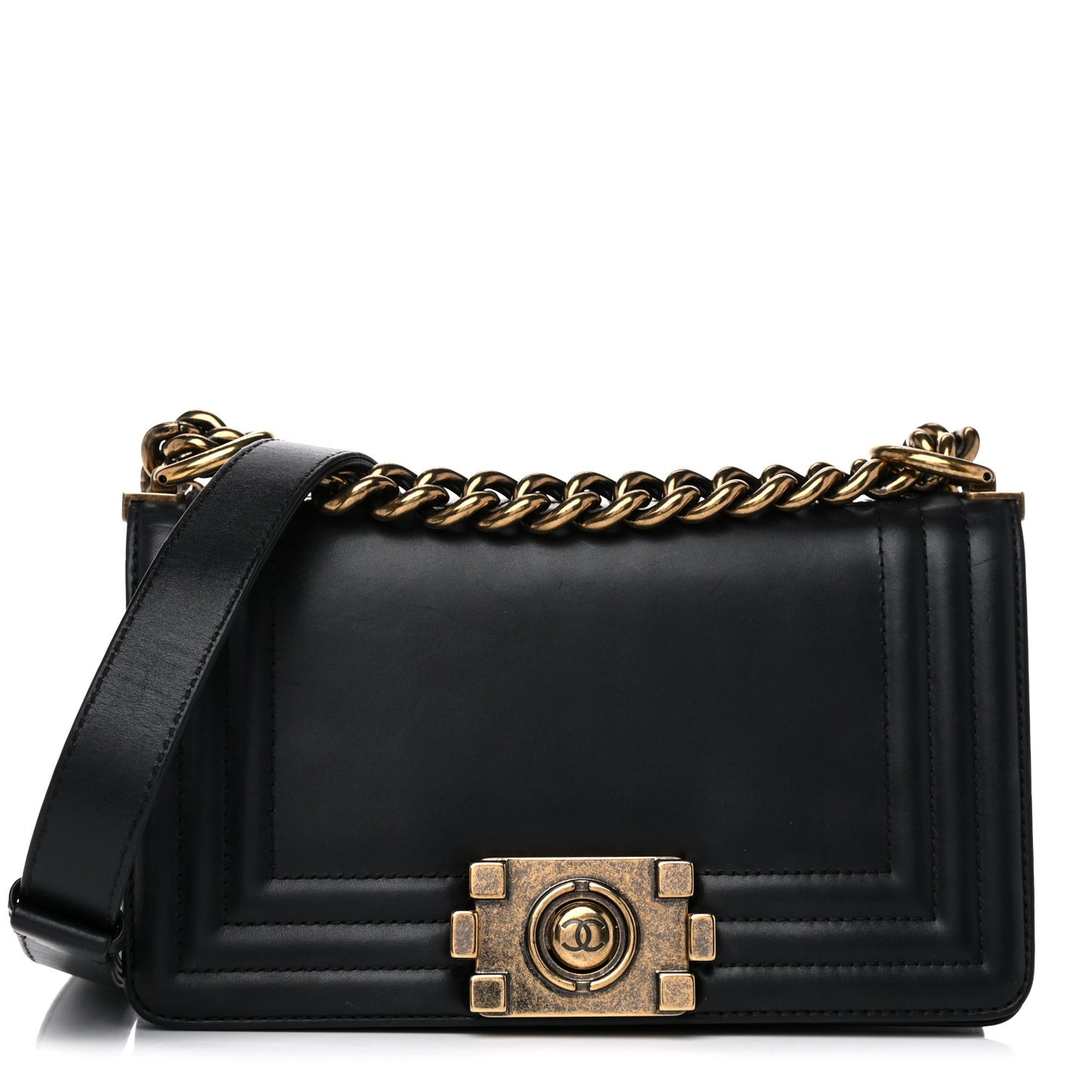 Glazed Calfskin Medium Boy Flap Black