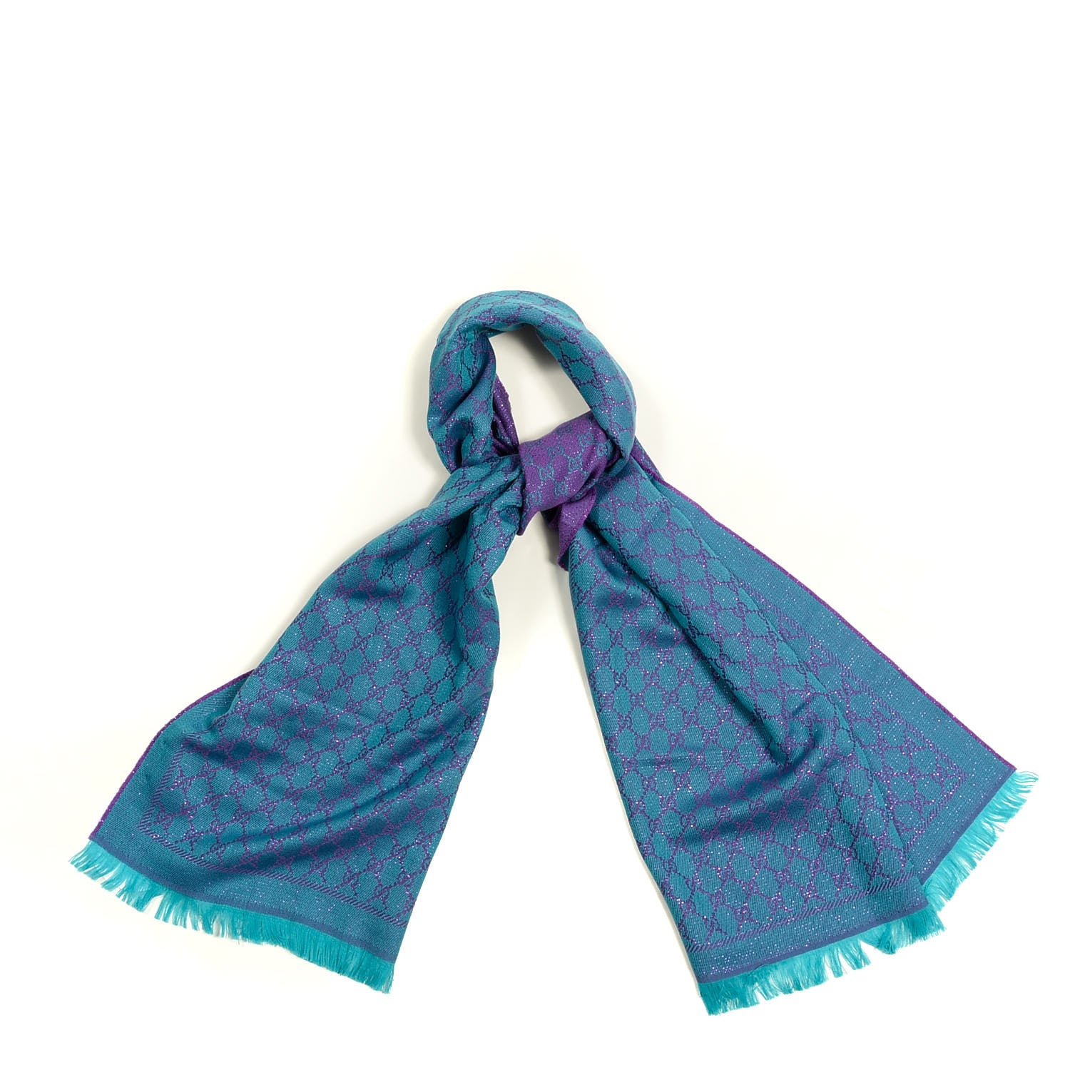 Gucci Wool Lame Jacquard GG Monogram Stenlux Scarf Turquoise Blue Dark Purple 1 of 3