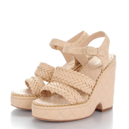 Chanel Calfskin Quilted Chain Around Wedge Sandals 37.5 Light Beige 3 of 8