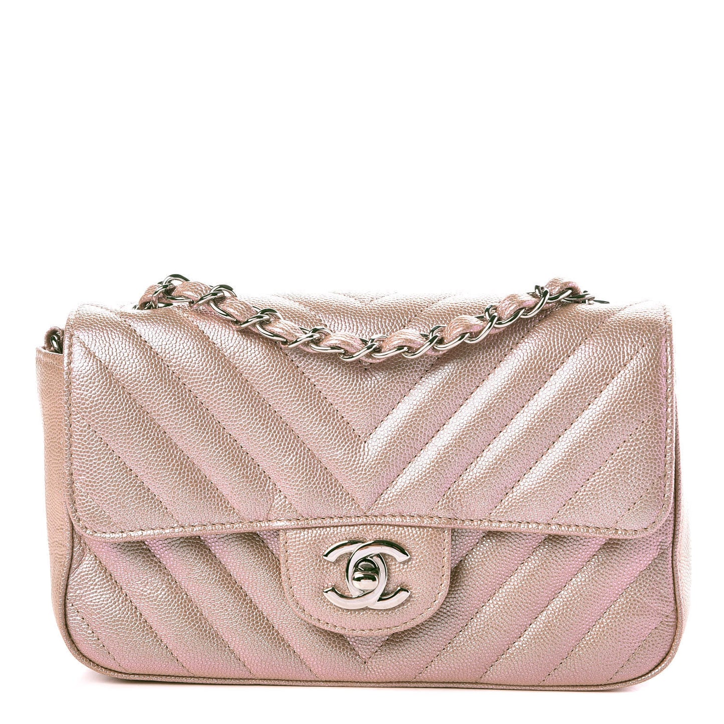 Iridescent Caviar Chevron Quilted Mini Rectangular Flap Light Gold