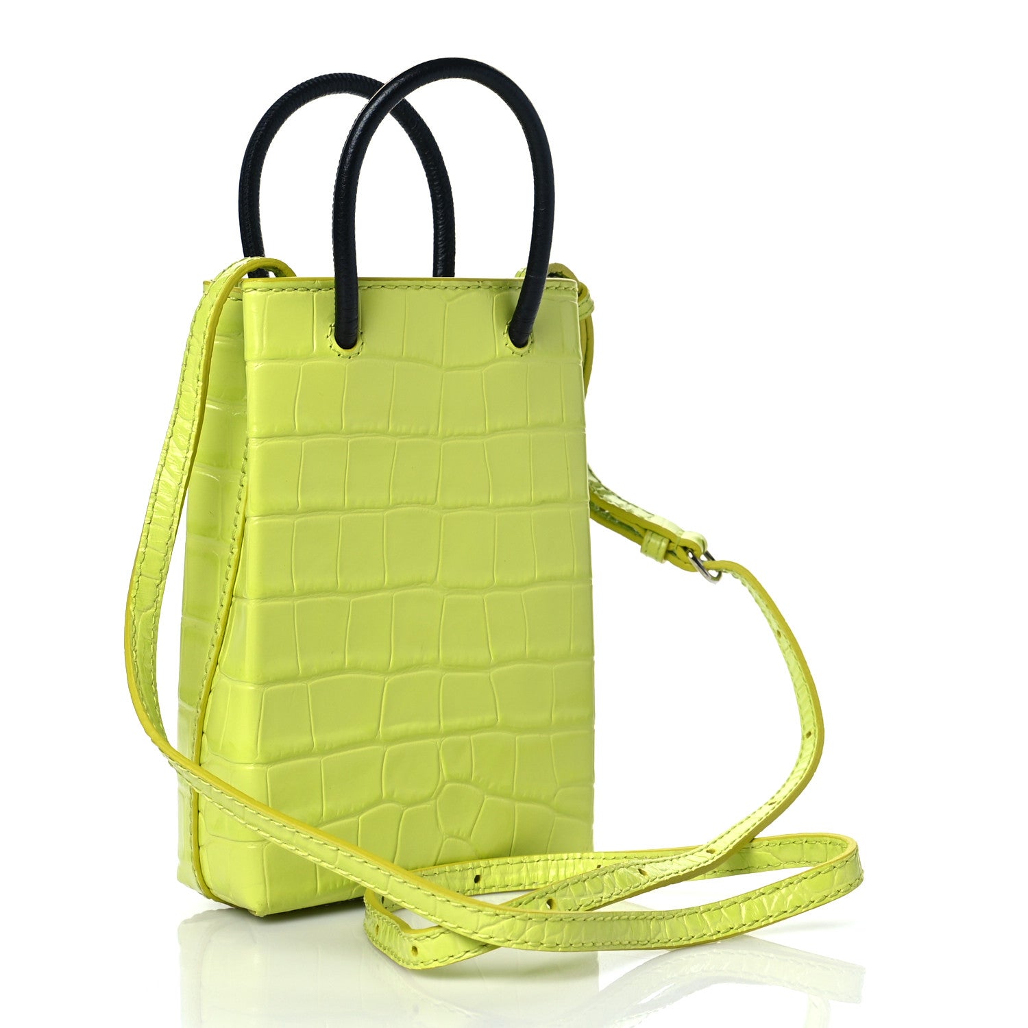 Balenciaga Calfskin Crocodile Embossed Logo Shopping Phone Holder Bag Lime 3 of 10