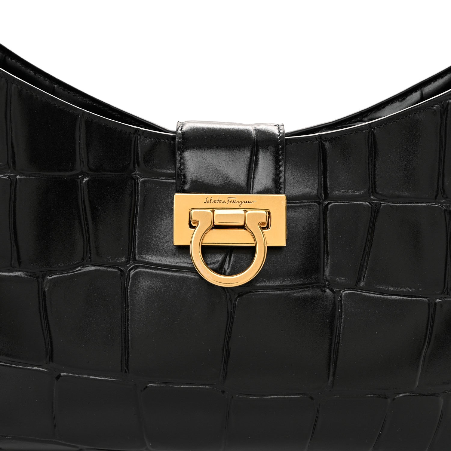 Salvatore Ferragamo Calfskin Crocodile Embossed Trifolio Shoulder Bag Black 8 of 10