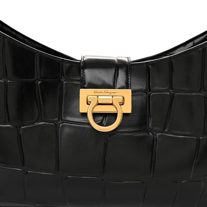 Salvatore Ferragamo Calfskin Crocodile Embossed Trifolio Shoulder Bag Black 8 of 10