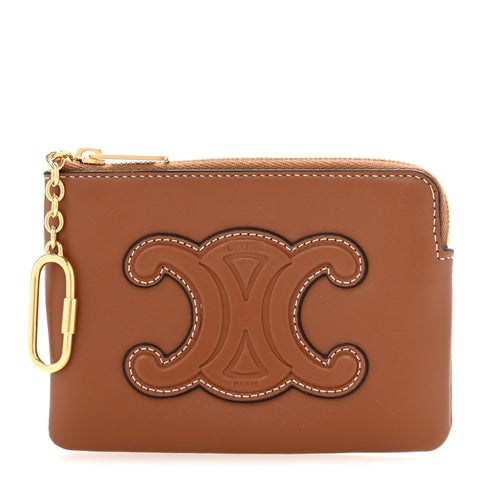 Smooth Calfskin Cuir Triomphe Coin and Card Pouch With Hook Tan
