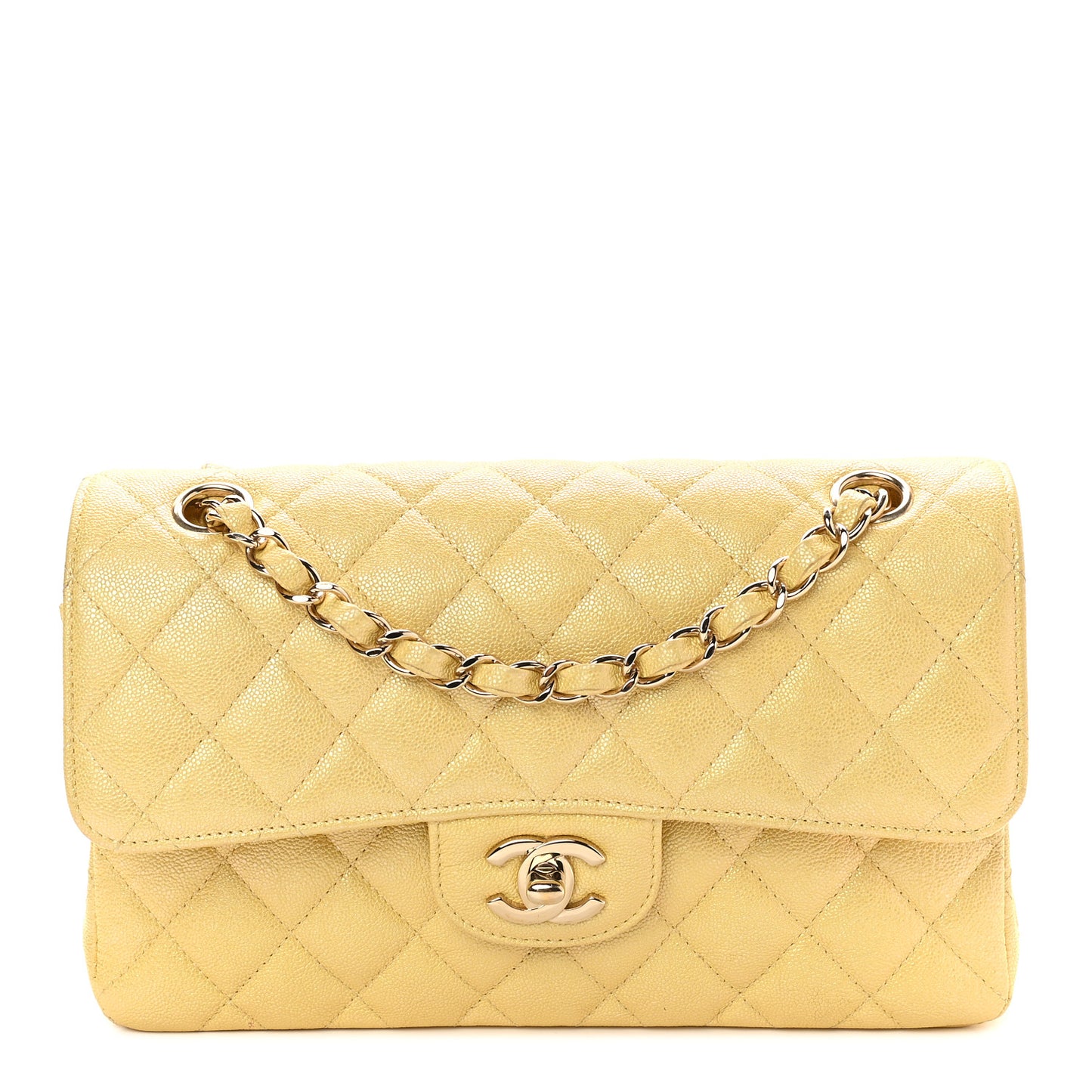 Iridescent Caviar Quilted Small Double Flap Yellow