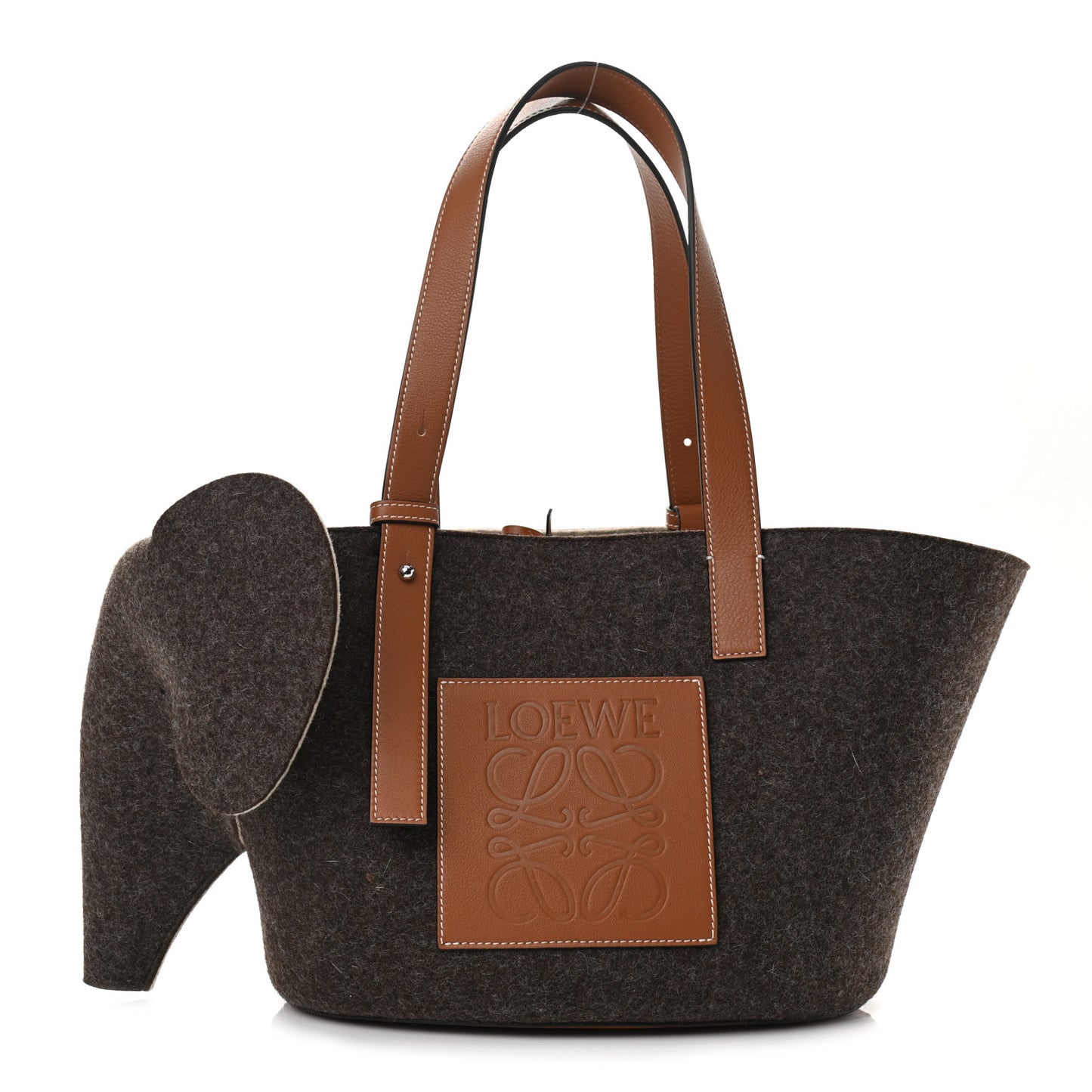 Calfskin Felt Elephant Basket Tote Brown Beige