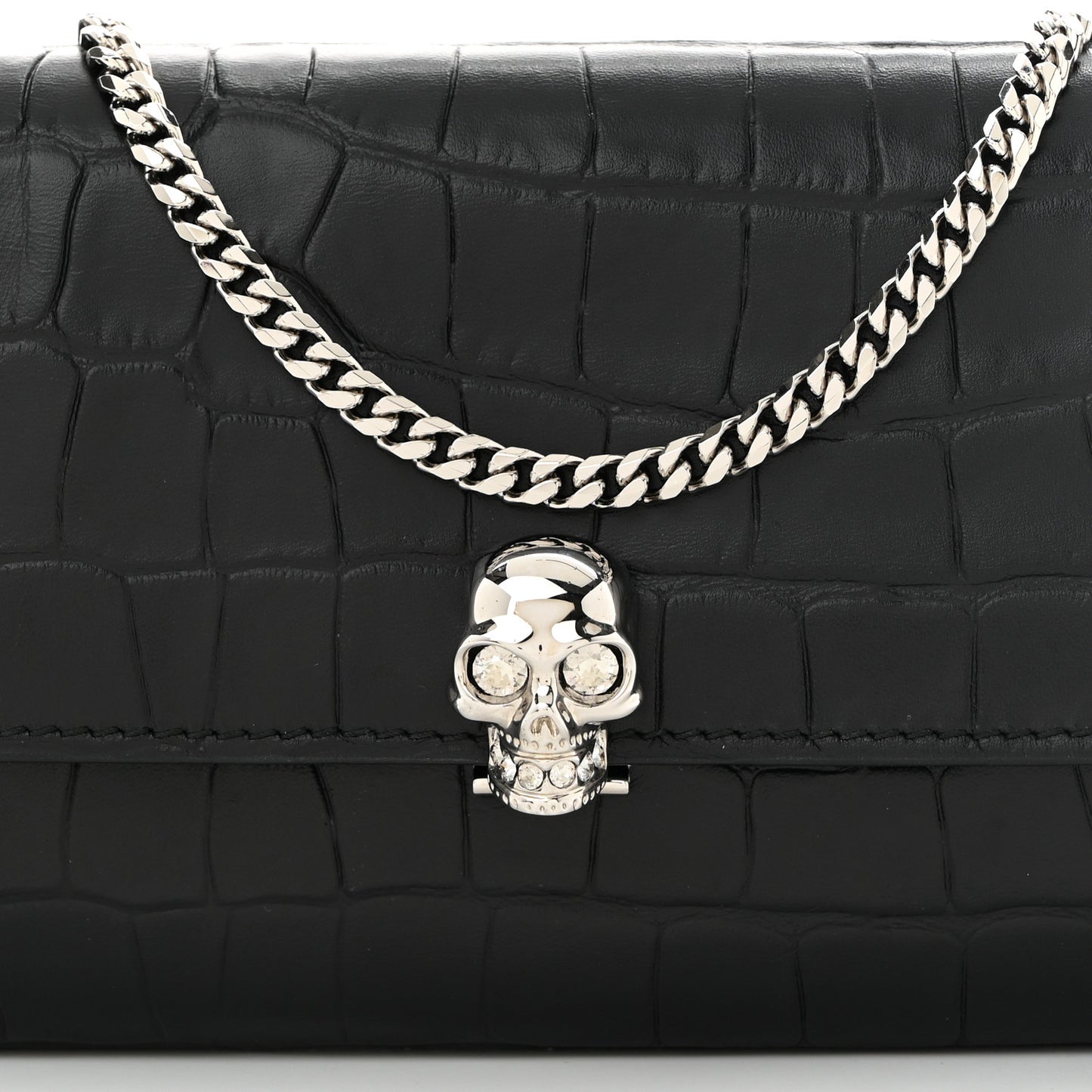 Calfskin Crocodile Embossed Skull Wallet on Chain Black