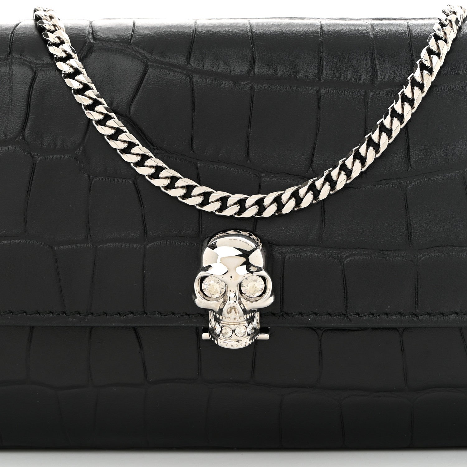 Alexander McQueen Calfskin Crocodile Embossed Skull Wallet on Chain Black 8 of 11