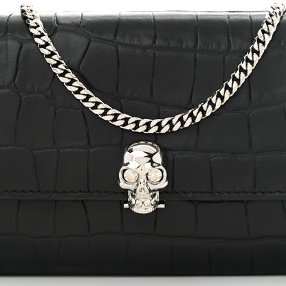 Alexander McQueen Calfskin Crocodile Embossed Skull Wallet on Chain Black 8 of 11