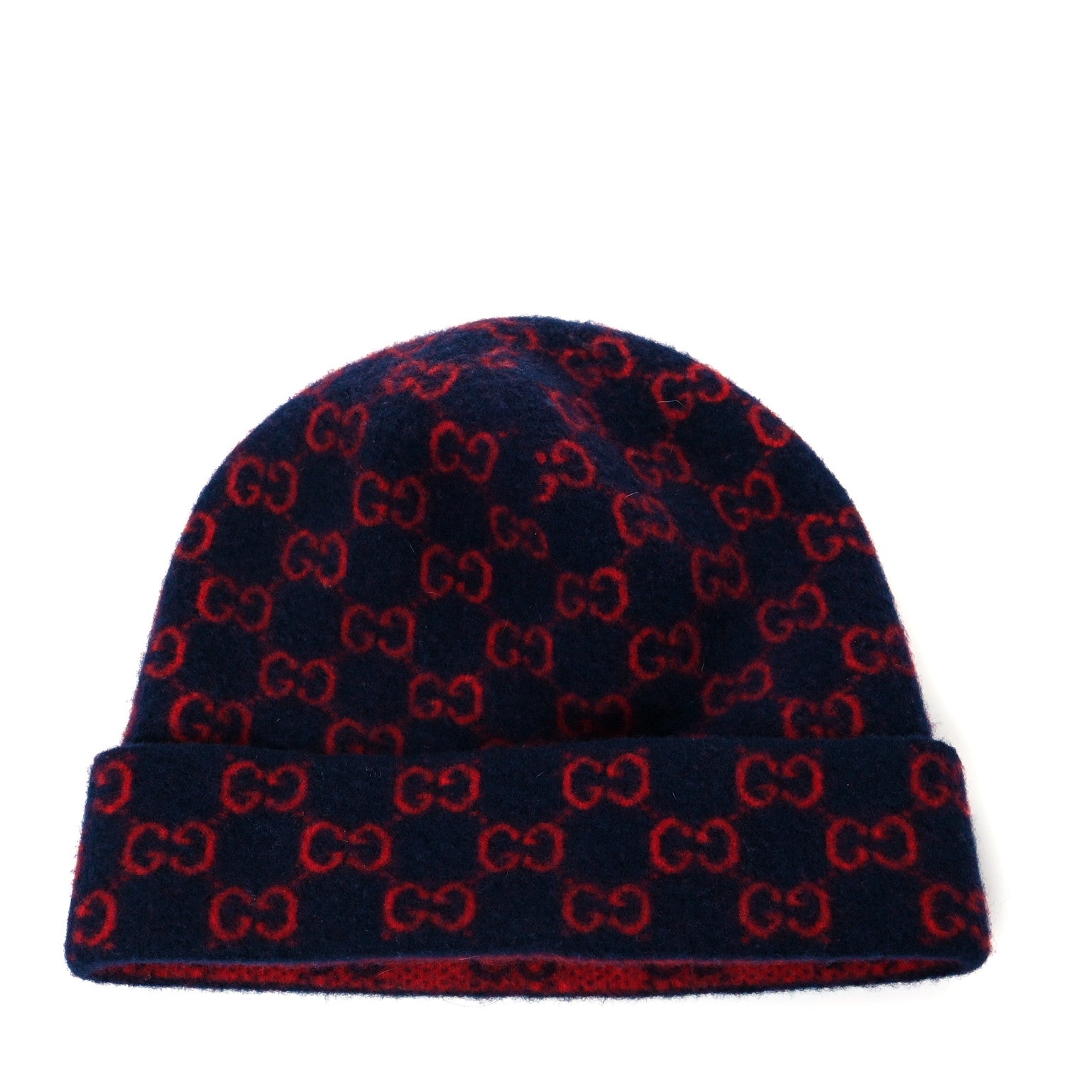 Gucci Wool GG Monogram Fog Tricot Beanie Hat XL Midnight Blue Red 1 of 4