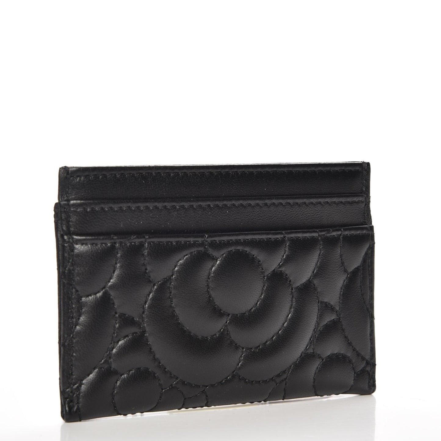 Lambskin Camellia Stitched Card Holder Black