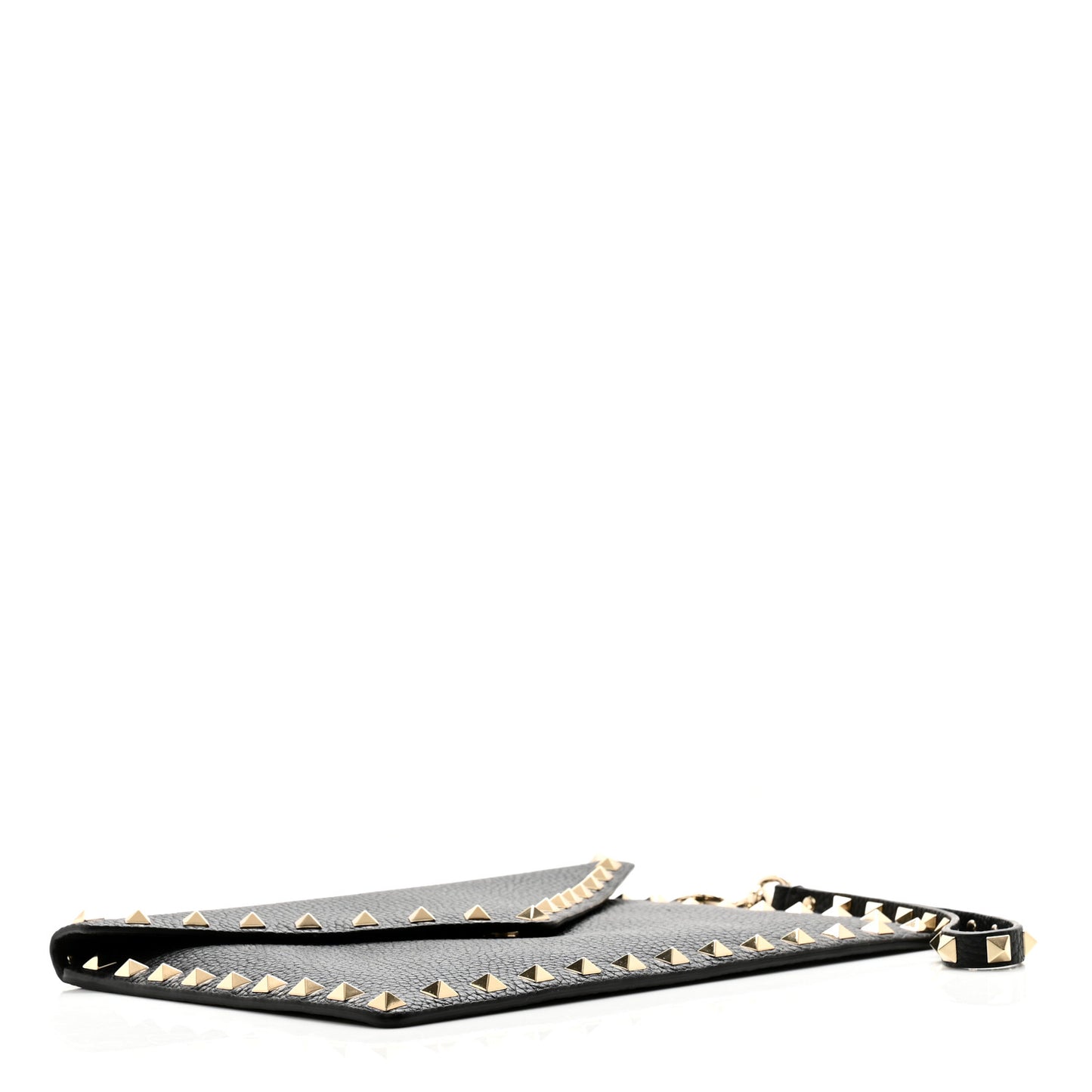 Pebbled Calfskin Medium Rockstud Envelope Flat Wristlet Pouch Black