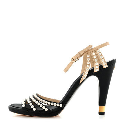 Chanel Lambskin Pearl Embellished Sandals 42 Black Beige 1 of 8