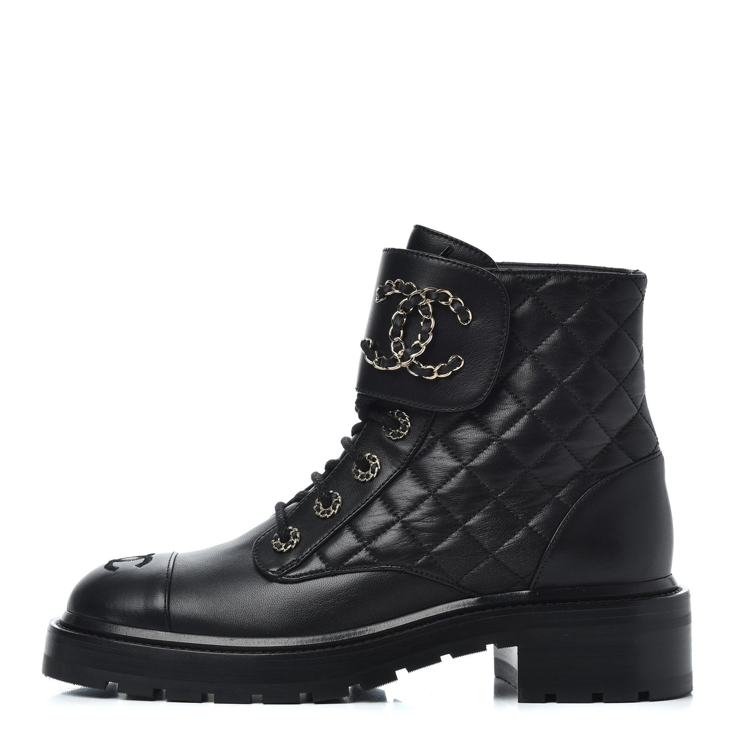 Shiny Lambskin Quilted Lace Up Combat Boots 38.5 Black