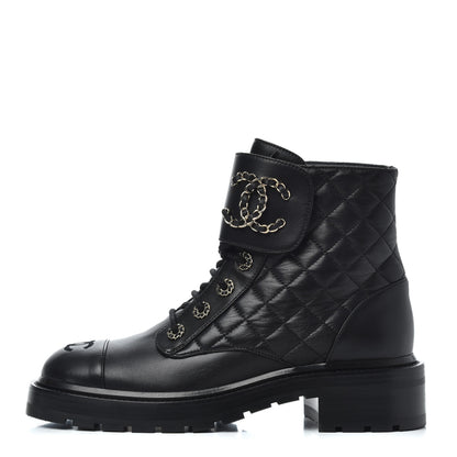 Chanel Shiny Lambskin Quilted Lace Up Combat Boots 38.5 Black 1 of 9