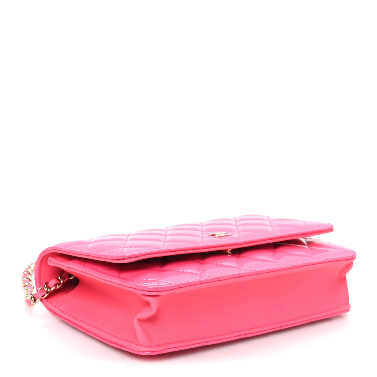 Patent Calfskin Quilted Wallet On Chain WOC Pink