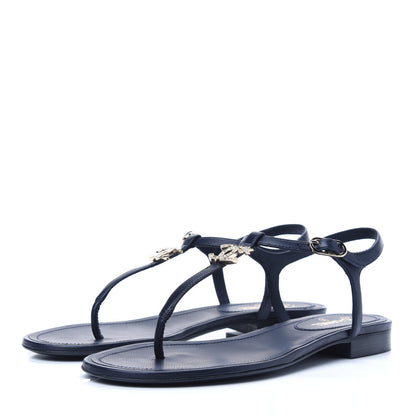 Chanel Lambskin Crystal CC Thong Sandals 37 Navy 3 of 10