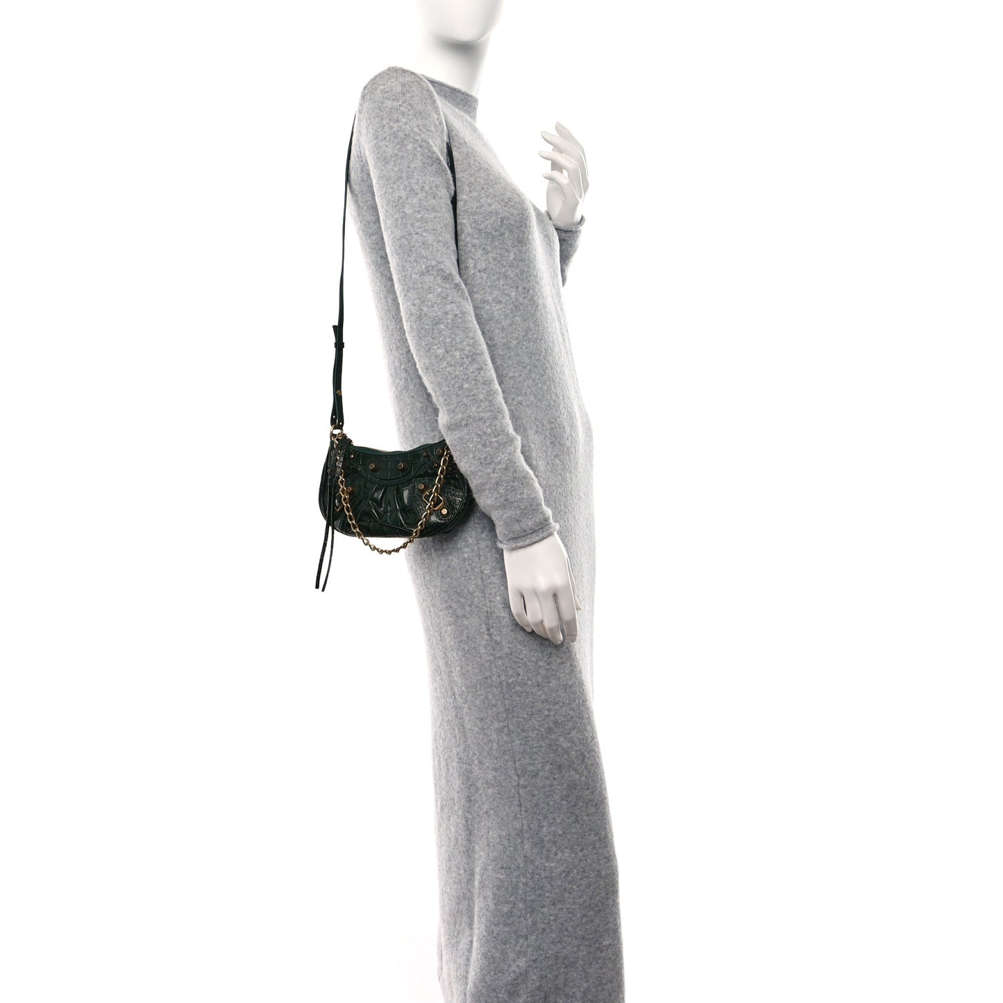 Extra Supple Calfskin Crocodile Embossed Mini Le Cagole Purse With Chain Forest Green