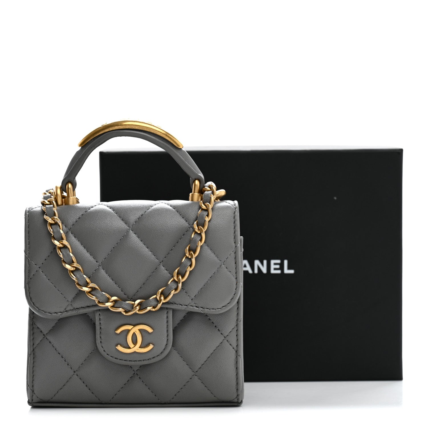 Chanel Lambskin Quilted Metal Top Handle Flap Clutch With Chain Grey 11 of 11