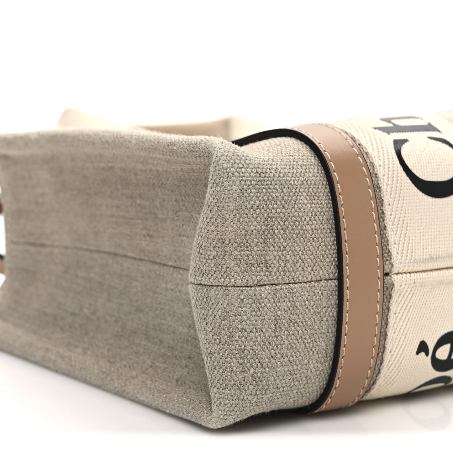 Linen Calfskin Small Woody Ribbon Tote With Strap White Light Brown